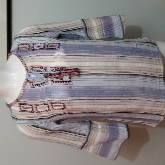 new directions Tops - New Directions Womens Blue Striped Boho 3/4 Sleeve Embroidered Blouse-EUC-Sz S